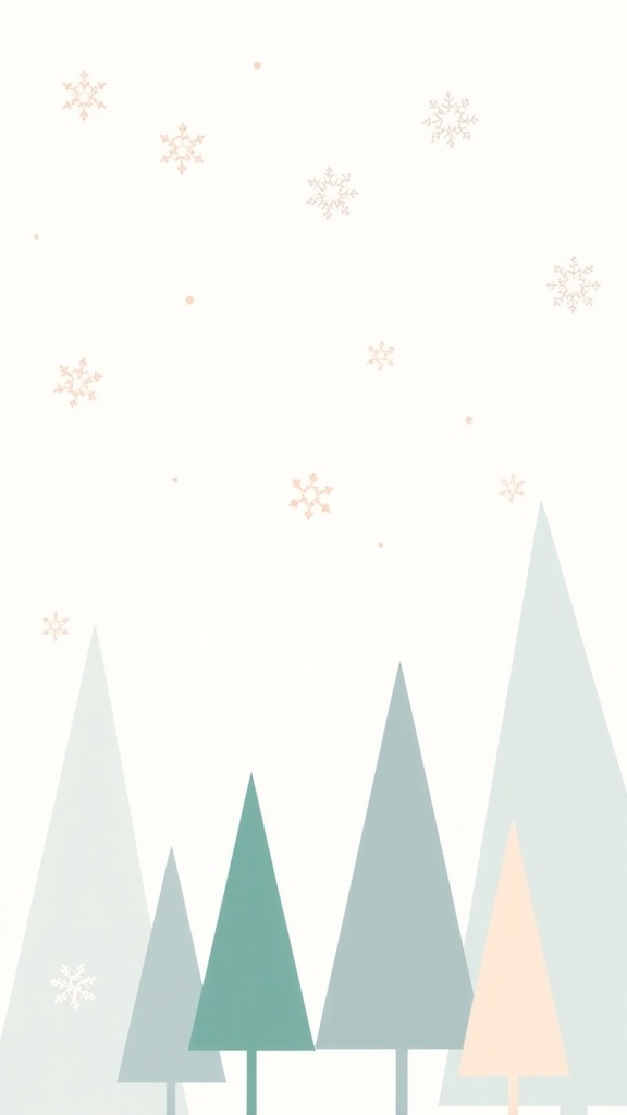 Minimalist Christmas wallpaper with snowflakes and trees in pastel colors on a soft background.